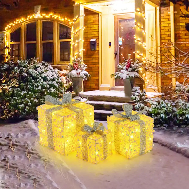 Set of 3 Laser-Finish Lighted Christmas Gift Boxes with Fish-Scale Texture
