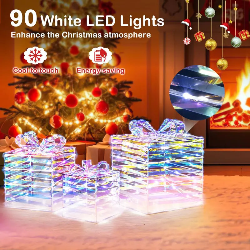 Three-Piece Lighted Gift Box Set — 90 LED-Illuminated Presents with Bows, Zip Ties & Ground Stakes