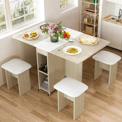 Compact Rolling Dining Set  Foldable Brown-and-Black Table with 4 Leather Chairs and Integrated Storage Rack
