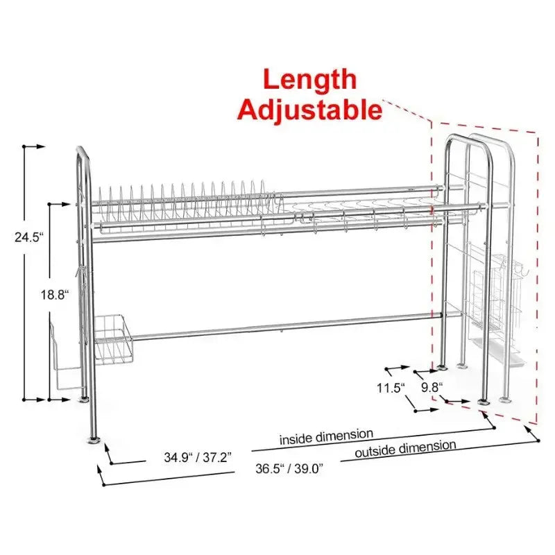 Premium Stainless Steel Over-the-Sink 2-Tier Dish Drying Rack with Adjustable Width and Utensil Hooks