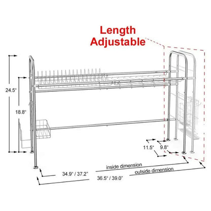 Premium Stainless Steel Over-the-Sink 2-Tier Dish Drying Rack with Adjustable Width and Utensil Hooks