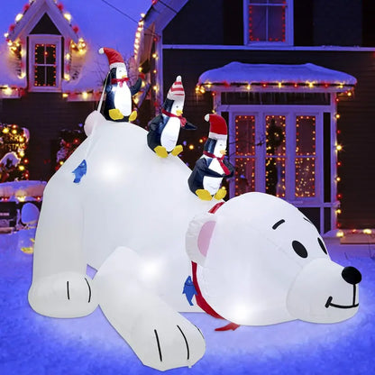 Juegoal 7.7ft Christmas Inflatable Polar Bear with Penguins, LED Lighted, Indoor Outdoor Holiday Decor