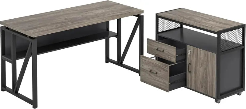 L-Shaped Executive Desk with File Cabinet  63″ Gray Home Office Workstation with Locking Doors and Hanging File Storage