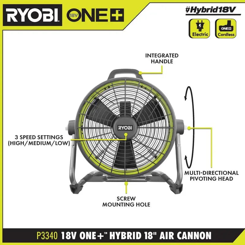RYOBI ONE+ 18V Hybrid 18 in. Air Cannon Drum Fan P3340