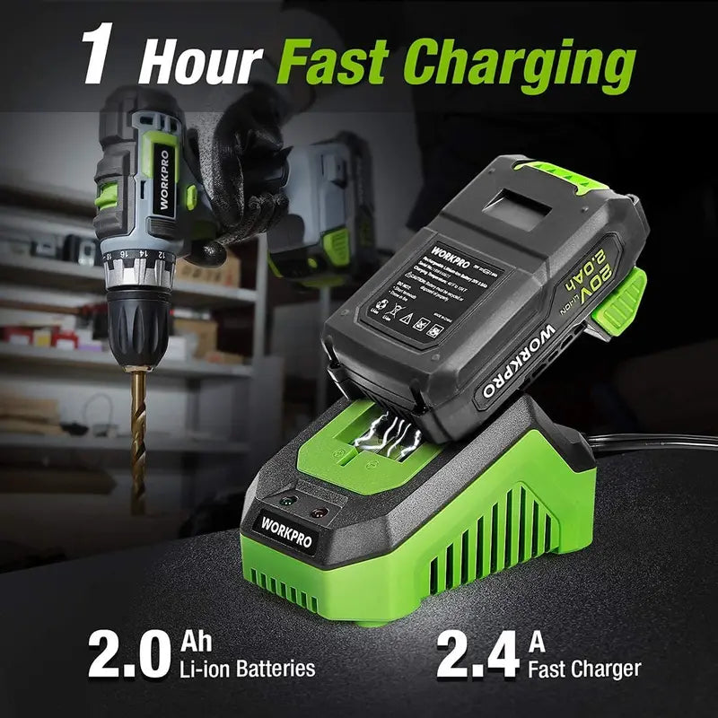 WORKPRO 20V Variable-Speed Drill Driver: 3/8″ Chuck, 18+2 Torque Settings, 2.0Ah Battery & Quick Charger