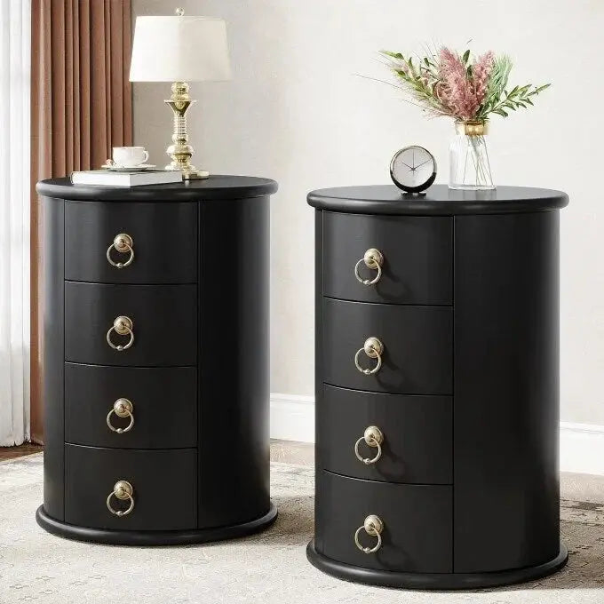 No-Assembly Vintage End Table  Solid Wood Round Side Table with Drawers