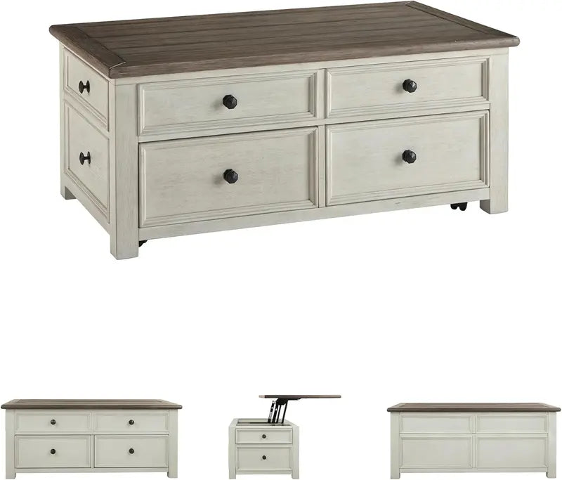 Ashley Bolanburg Lift-Top Coffee Table with Storage Drawers  Antique Cream and Brown Finish