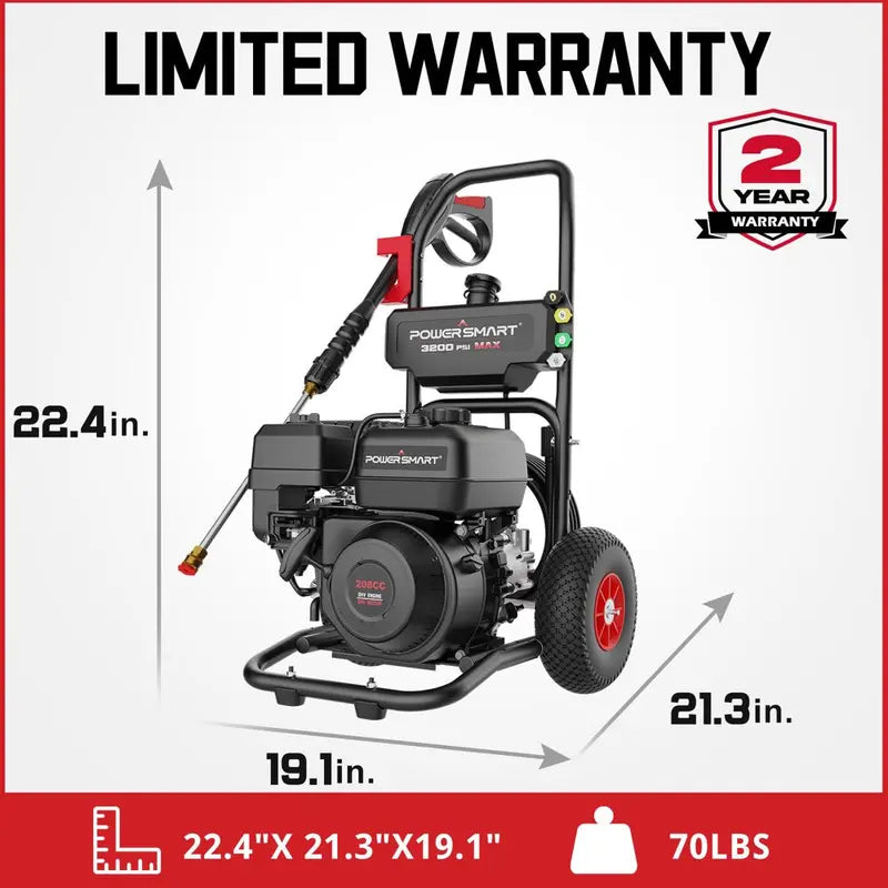 PowerSmart 3200PSI Gas Pressure Washer with 5 Nozzles   Soap Tank