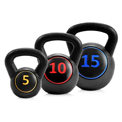 Three-Piece Kettlebell Set  HDPE-Coated Weights (5, 10, 15 lbs) for Home Fitness