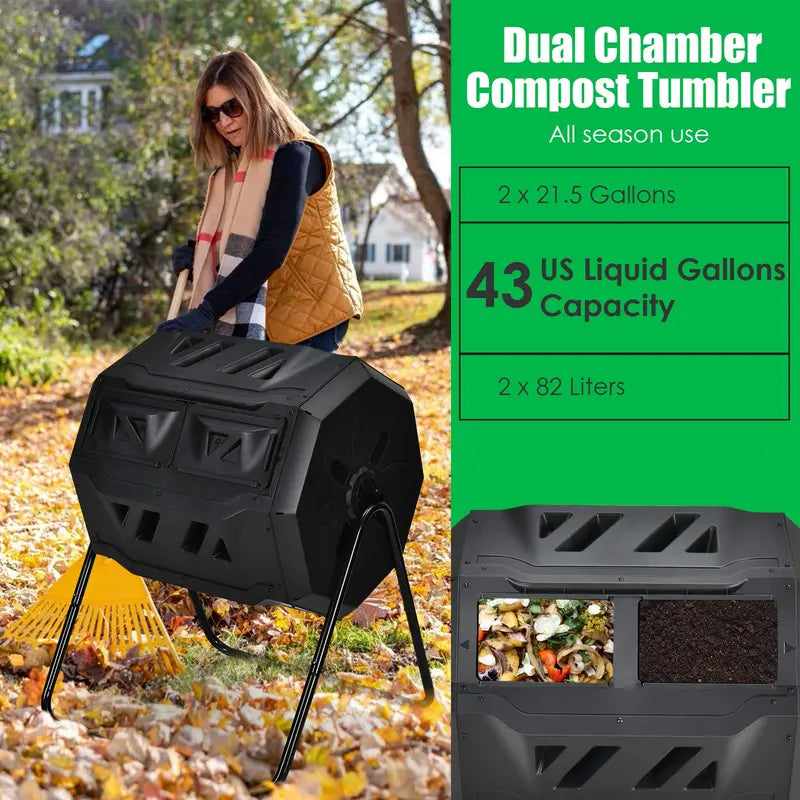 Dual-Bin 43-Gallon Rotating Compost Tumbler with Dual Sliding Access Doors