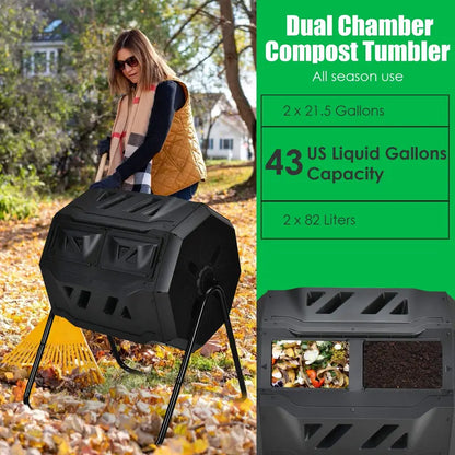 Dual-Bin 43-Gallon Rotating Compost Tumbler with Dual Sliding Access Doors