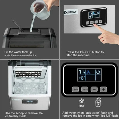 24-Hour Stainless Steel Countertop Ice Maker  48LB Capacity, LCD Display, Self-Cleaning Function & Included Scoop