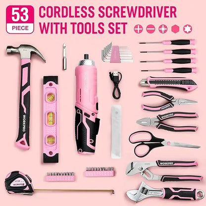 WORKPRO 55/75-Piece Pink Household Tool Set  Includes 3.7V Rotatable Cordless Screwdriver and Pink Ribbon Accents