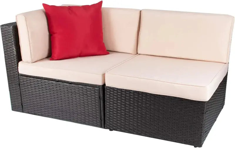 Devoko 5-Piece All-Weather Patio Sectional Set — Beige Wicker Rattan Sofa with Cushions and Tempered Glass Table