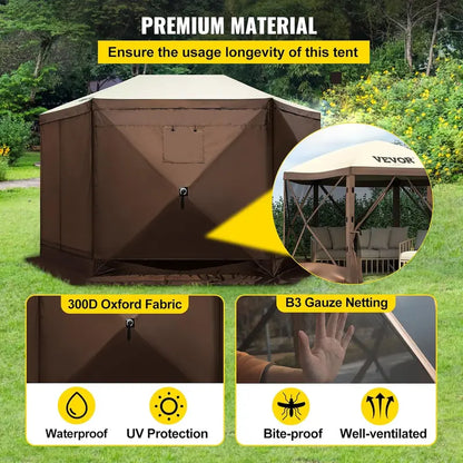 12′ x 12′ Hexagonal Camping Awning Tent — IPX3 Waterproof, Mesh Ventilation, Portable Storage Bag