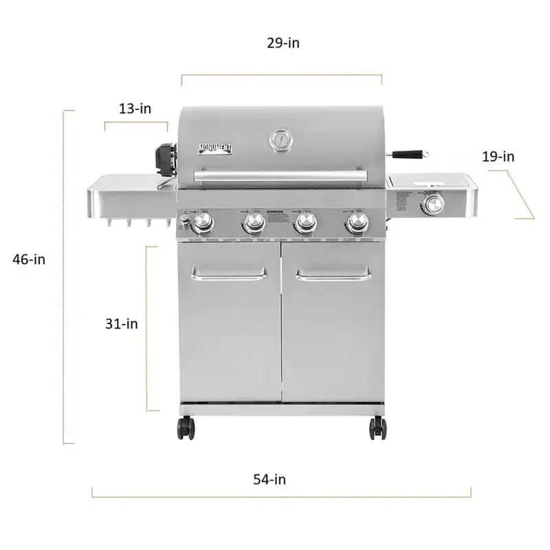 Monument Grills 4-Burner Propane Gas Grill  Stainless Steel, Includes Rotisserie Kit