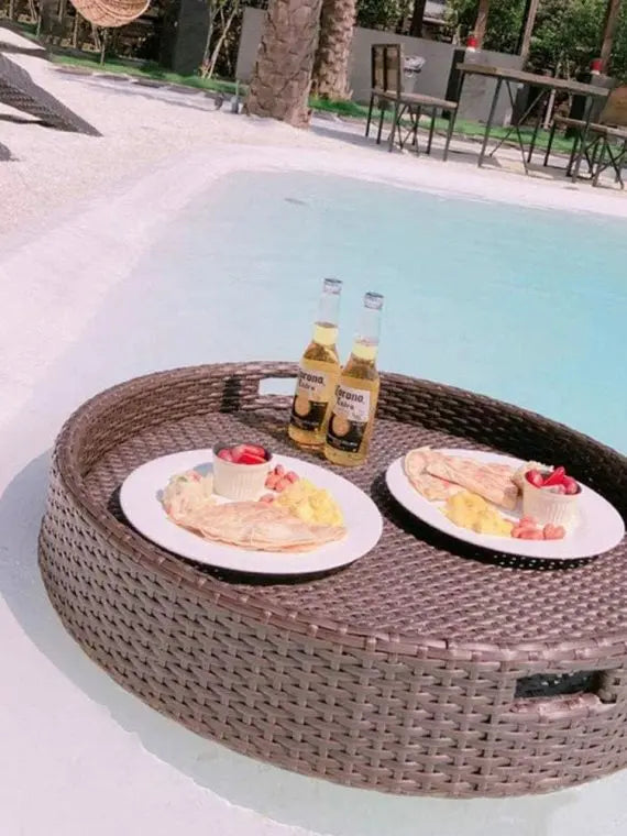 Handmade Rattan Serving Tray with Handles  Floating Breakfast Tray for Pool, Spa, Parties & Photography