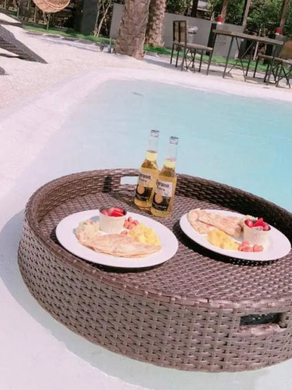 Handmade Rattan Serving Tray with Handles  Floating Breakfast Tray for Pool, Spa, Parties & Photography