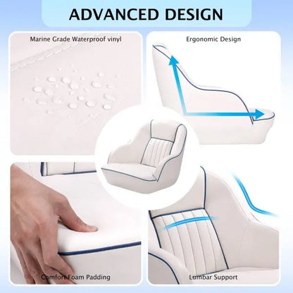 White & Blue Captains Bucket Pontoon Boat Seat  Fold-Back Backrest, Marine-Grade Cabin Seating