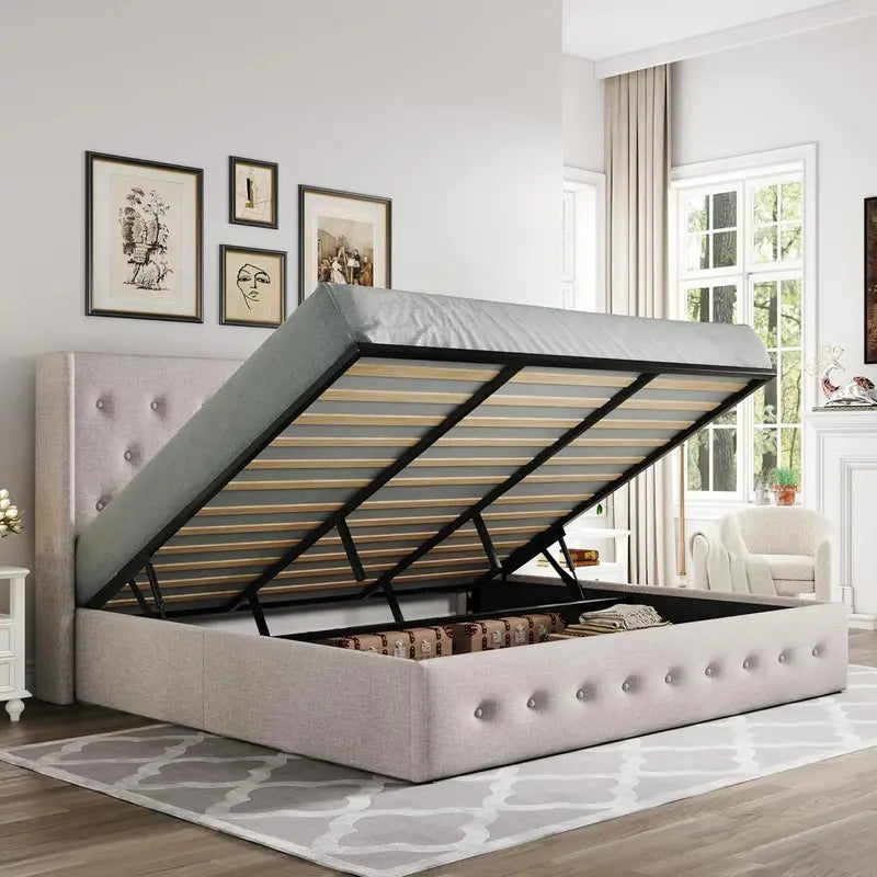 Allewie Modern Hydraulic Lift Queen Storage Bed  Wingback Headboard, Light Beige