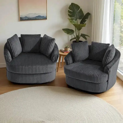 Set of Two Plush Corduroy Swivel Barrel Chairs  43¡å Wide with Decorative Pillows