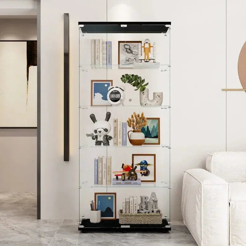 Double-Door Glass Display Cabinet  Five-Tier Shelving Unit with Tempered Glass Doors