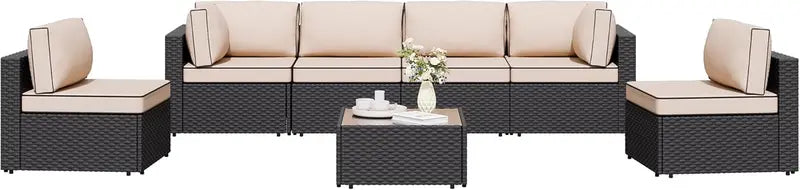 7-Piece Wicker Patio Sectional Sofa with Washable Cushions & Coffee Table for Outdoor Living
