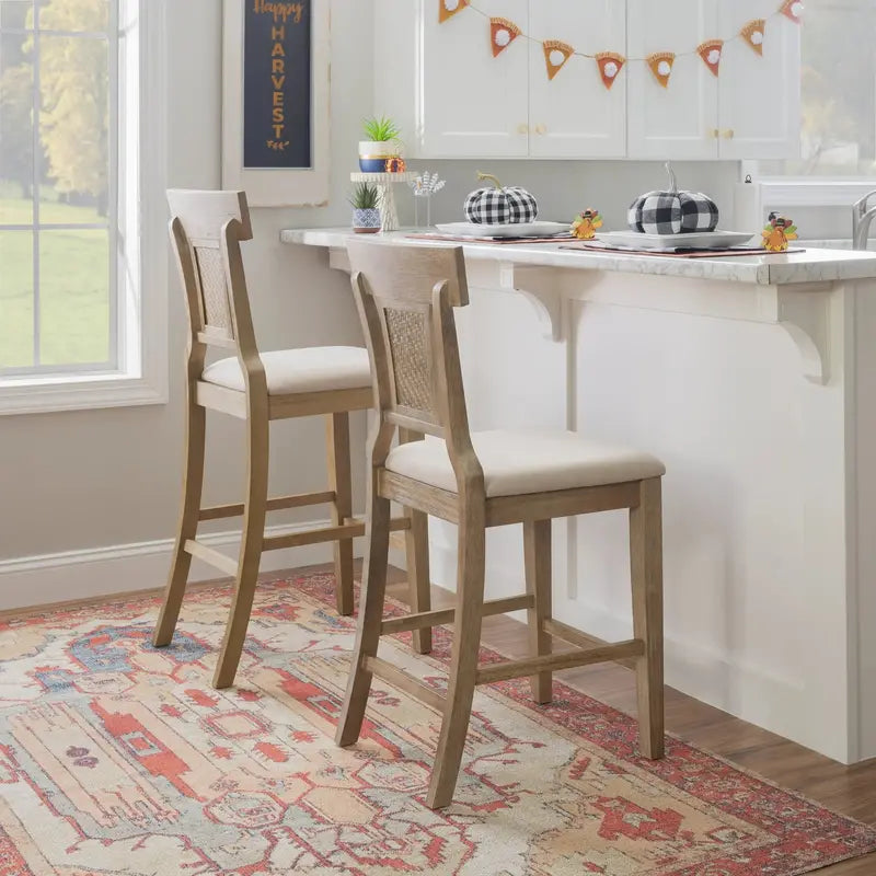 Linon Rylan 30-Inch Bar Stool  Rustic Brown Wood Frame with Beige Fabric Seat