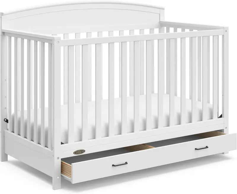 Convertible 5-in-1 Baby Bed in White  GreenGuard Gold Certified with Built-In Storage, Adapts to Toddler, Day & Full-Size Beds