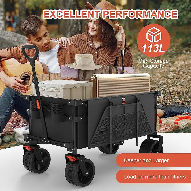 Navatiee Heavy-Duty Collapsible Wagon  Foldable Utility Cart with Brakes, Side Pocket & Large Wheels