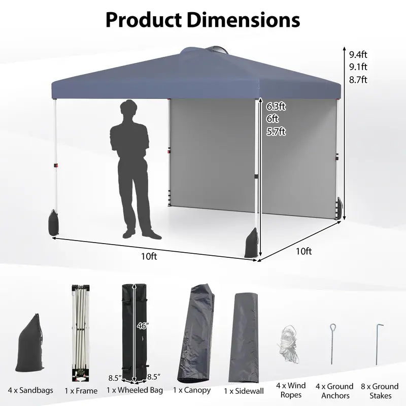 10 x 10 Foot Portable Canopy Tent  Includes One Sidewall & Wheeled Storage Bag