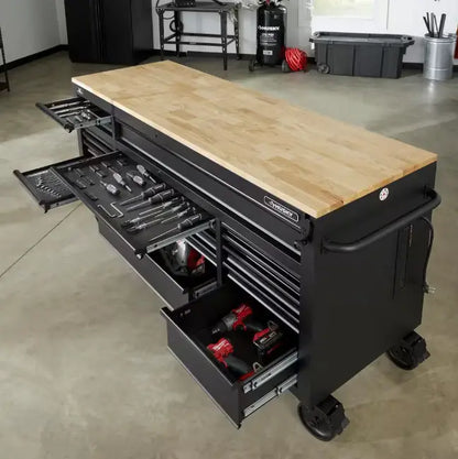 72-Inch Gloss Black Mobile Workbench  Standard-Duty Tool Chest with Casters and Organized Storage