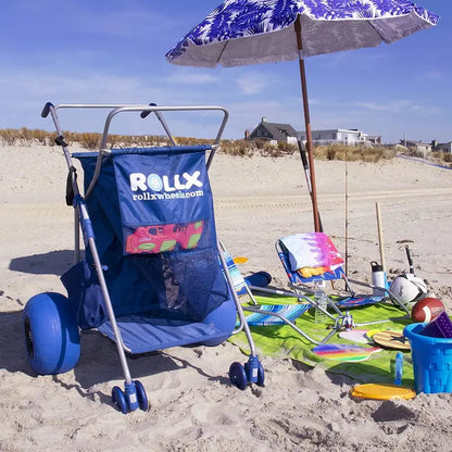 RollX Foldable Beach Cart  12″ Balloon Tires, Mesh Storage Pockets & Umbrella Holder (Blue)
