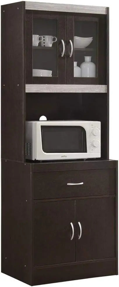 Cherry-Finished Standing Kitchen Cabinet with Enclosed Top and Bottom Storage, Single Drawer, and Dedicated Microwave Zone