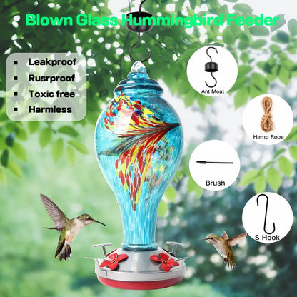 Syeenify  Hummingbird Feeder,Blown Glass Hummingbird Feeders for Outdoors, 36 Ounces