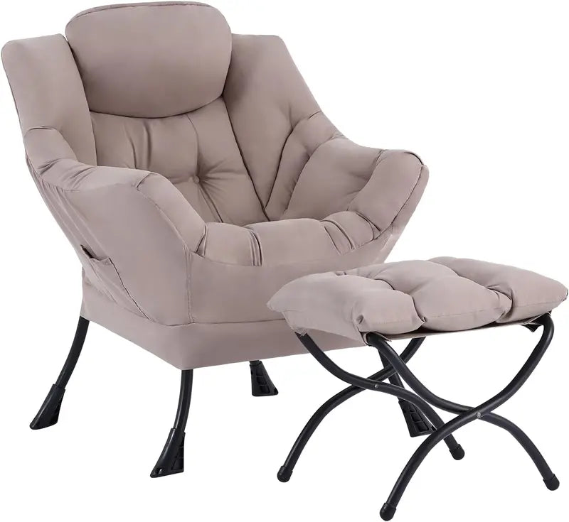 Welnow Compact Lazy Chair with Ottoman  Dark Grey Accent Armchair with Side Pocket & Footrest