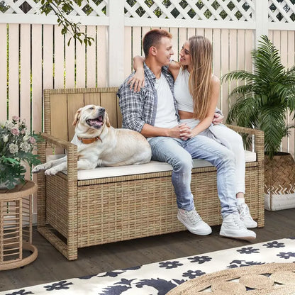 DWVO 70-Gallon All-Weather Storage Bench  Sand Beige Wicker Deck Bench with Cushion and Composite Wood Backrest