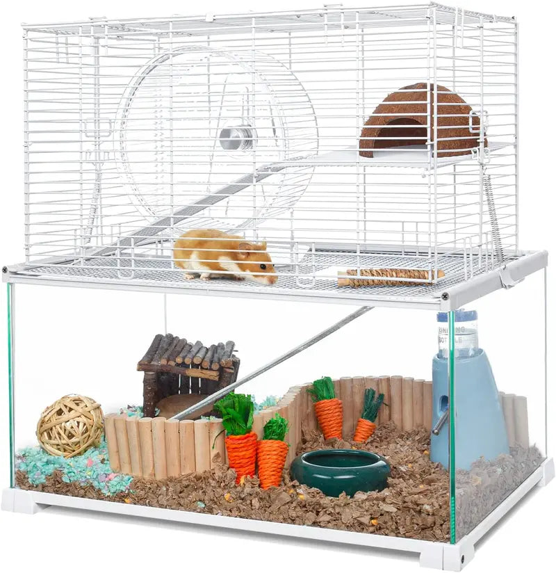 Large 3-Tier Hamster Habitat  Glass Base with Wire Topper, Ramps, Ladders & Waterproof Tray