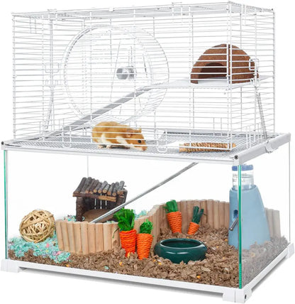 Large 3-Tier Hamster Habitat  Glass Base with Wire Topper, Ramps, Ladders & Waterproof Tray