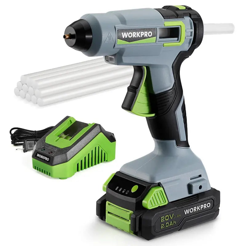 WORKPRO 20V Cordless Hot Glue Gun Kit  Includes 12 Glue Sticks & 2.0Ah Lithium-Ion Battery