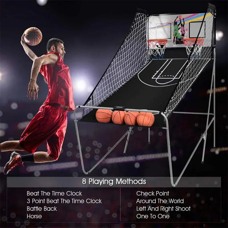 Foldable Indoor Basketball Arcade Game  Electronic Double-Shot LED Scorer with Four Balls