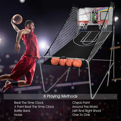 Foldable Indoor Basketball Arcade Game  Electronic Double-Shot LED Scorer with Four Balls