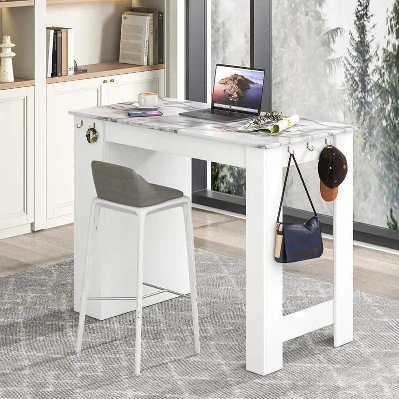 47-Inch White Counter-Height Faux Marble Pub Table with Integrated Storage, Hanging Hooks, Compartment, and Adjustable Shelf—Ideal for Small Breakfast Nooks
