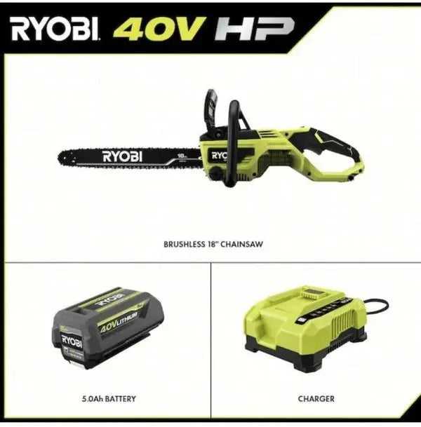 RYOBI 40V 18-Inch Cordless Chainsaw Kit — Includes Battery & Charger, Green