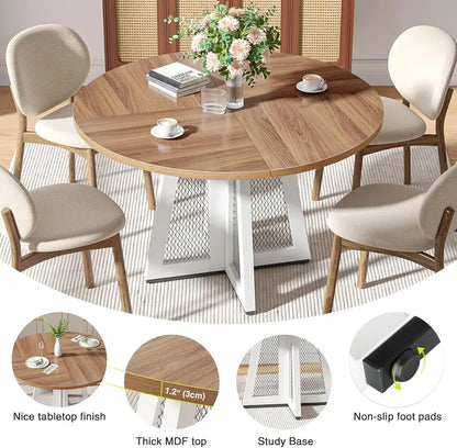 47-Inch Farmhouse Round Dining Table in Brown: Solid Wood Pedestal Base, Ideal for Kitchens, Living Rooms, and Casual Dining Spaces
