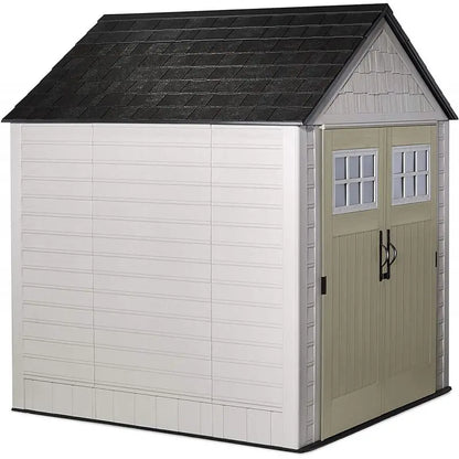 Rubbermaid 7 ft x 7 ft Outdoor Storage Shed  Weather-Resistant Resin Garden Shed with Windows and Utility Hooks (Sand)