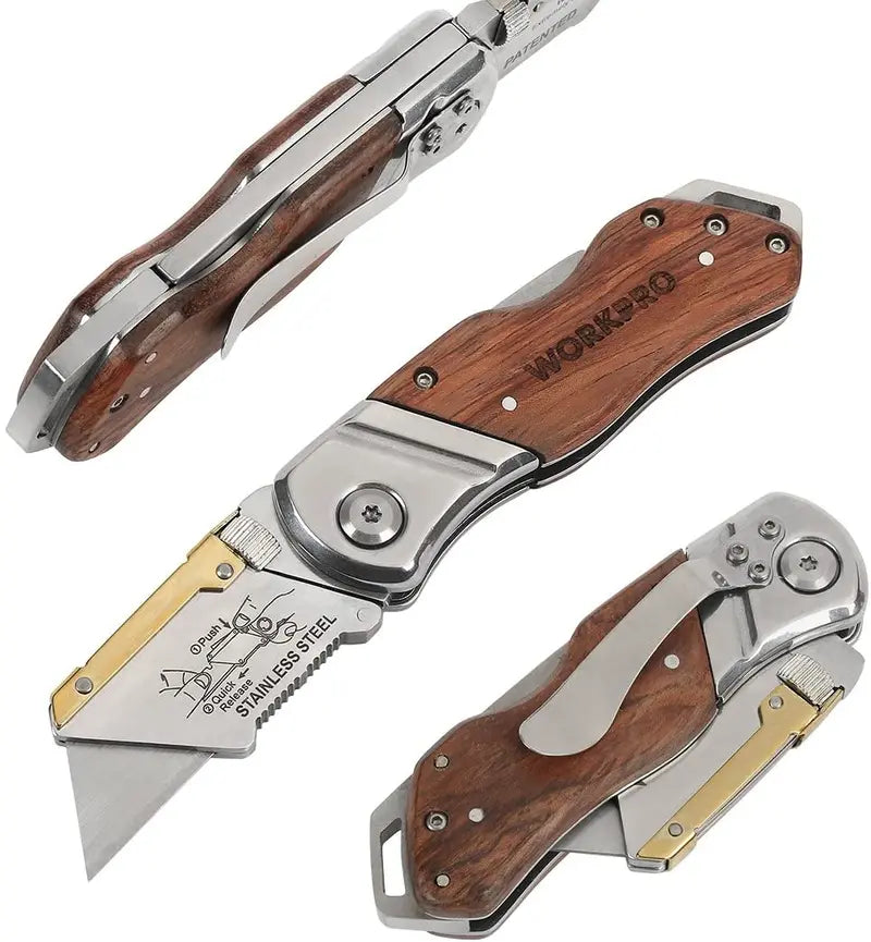WORKPRO Heavy-Duty Folding Utility Knife with Wood Handle