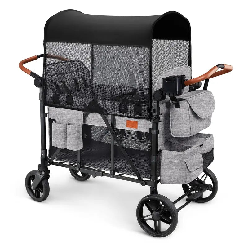 All-Terrain 4-Child Wagon Stroller — Quad-Seater with Canopy, 5-Point Harness, Parent Organizer & Adjustable Handle