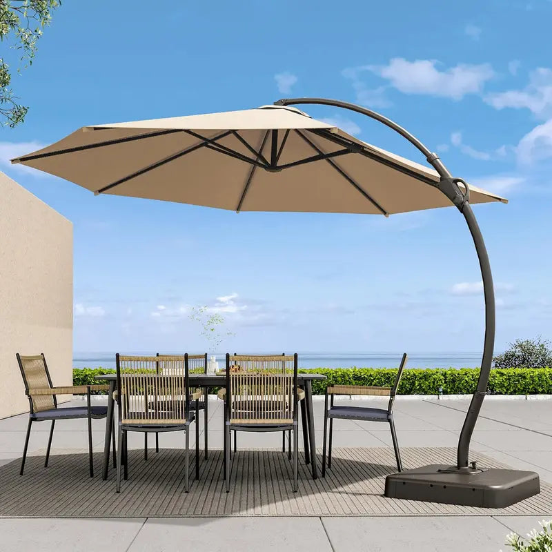 LAUSAINT HOME 11-Foot Cantilever Umbrella — Curvy Offset Design with 360° Rotation, Base Included, Beige Finish