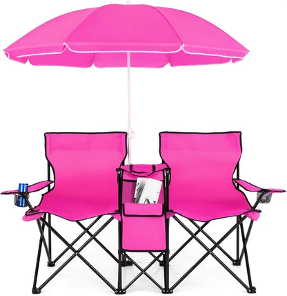 Compact Double Picnic Chair Set with Umbrella, Mini Table, Beverage Holders & Carry Bag
